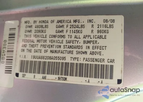 2008 Acura Tl 3.2 z USA, uszkodzony, nr VIN 19UUA66208A055095